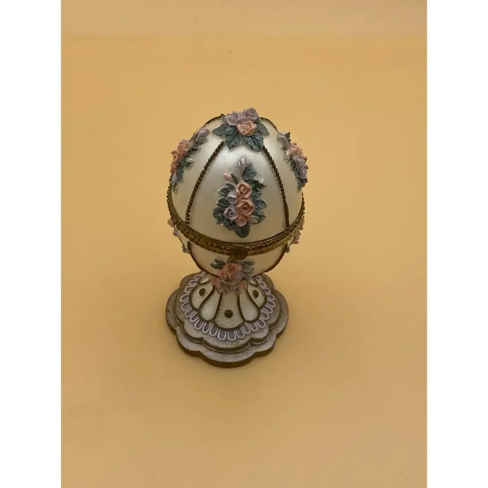 Vintage Egg Shaped Floral Metal Jewelry Box w/ Hinged Lid, Fabric Lined Interior